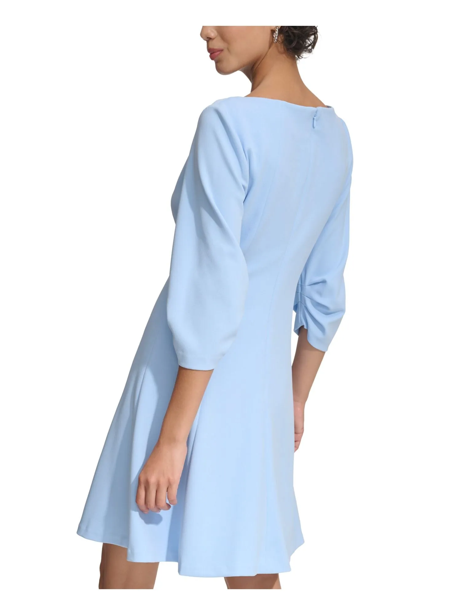 CALVIN KLEIN Womens Blue Ruched Zippered Lined 3/4 Sleeve Round Neck Above The Knee Wear To Work Fit   Flare Dress