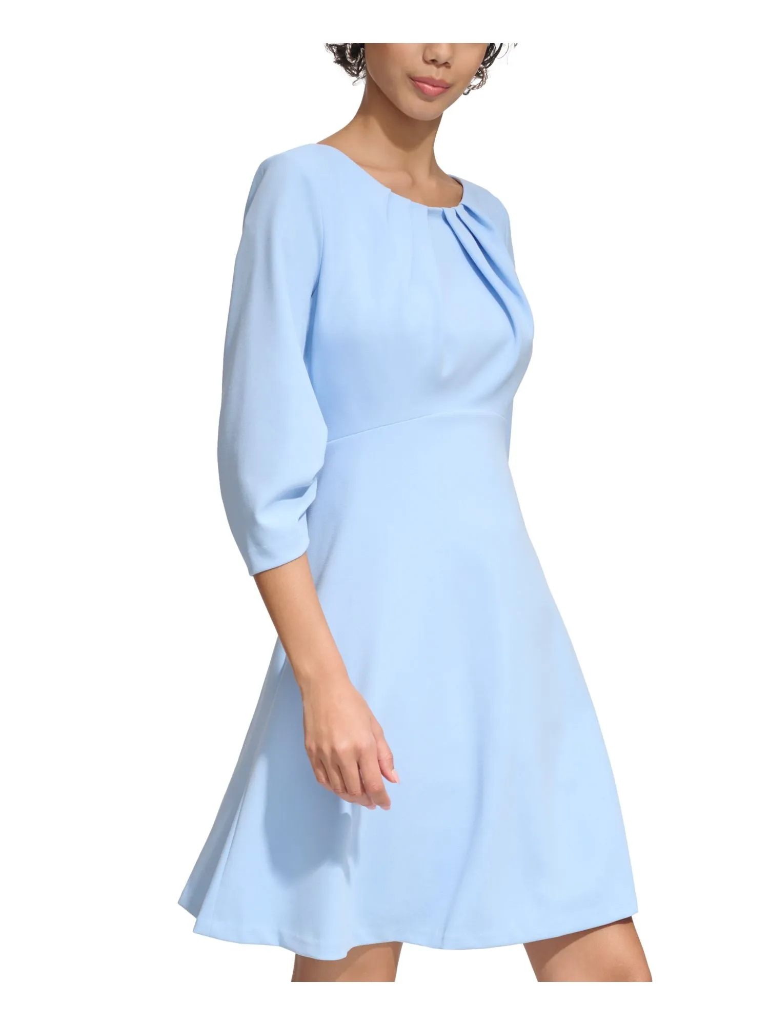 CALVIN KLEIN Womens Blue Ruched Zippered Lined 3/4 Sleeve Round Neck Above The Knee Wear To Work Fit   Flare Dress