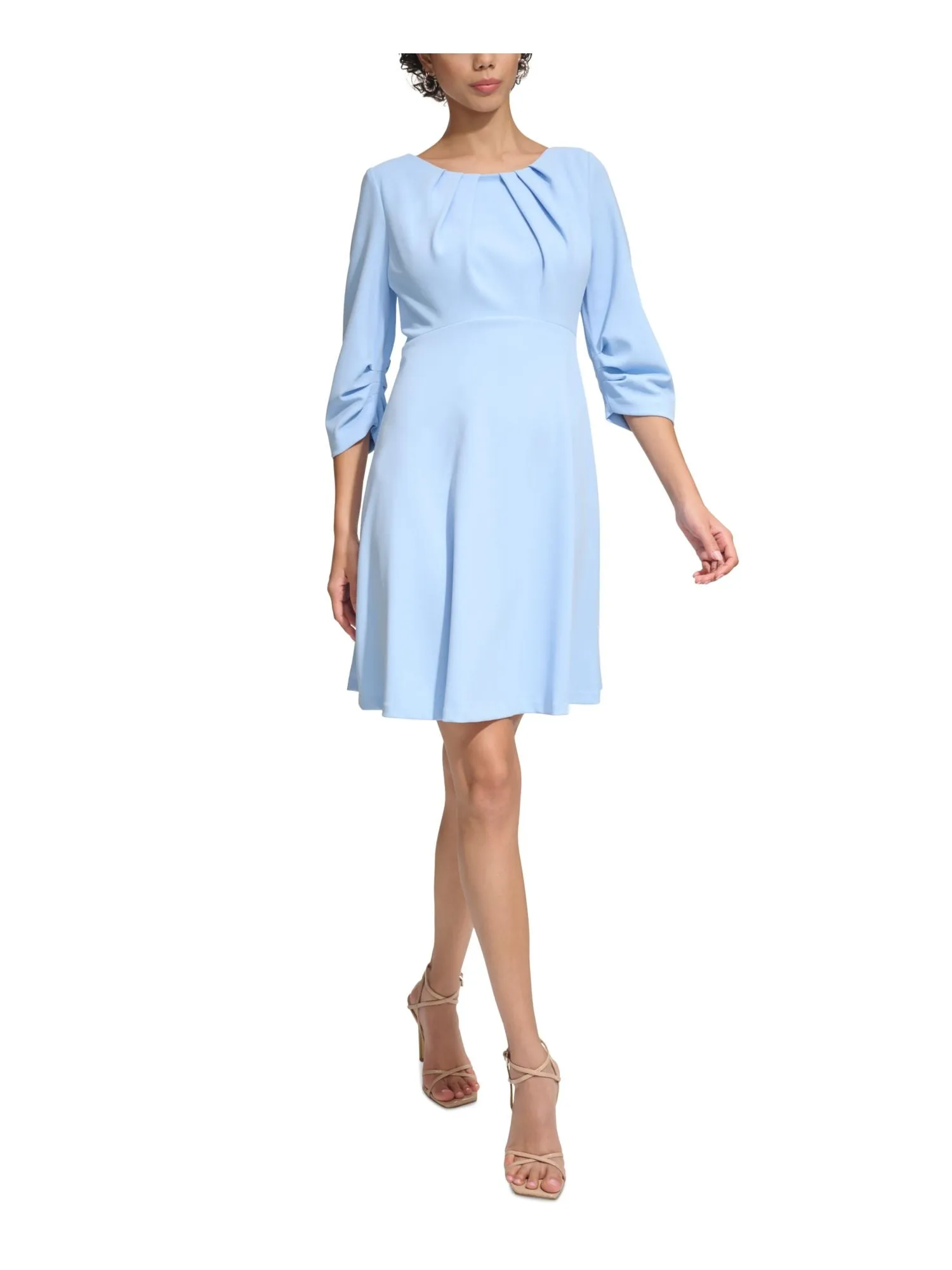 CALVIN KLEIN Womens Blue Ruched Zippered Lined 3/4 Sleeve Round Neck Above The Knee Wear To Work Fit   Flare Dress